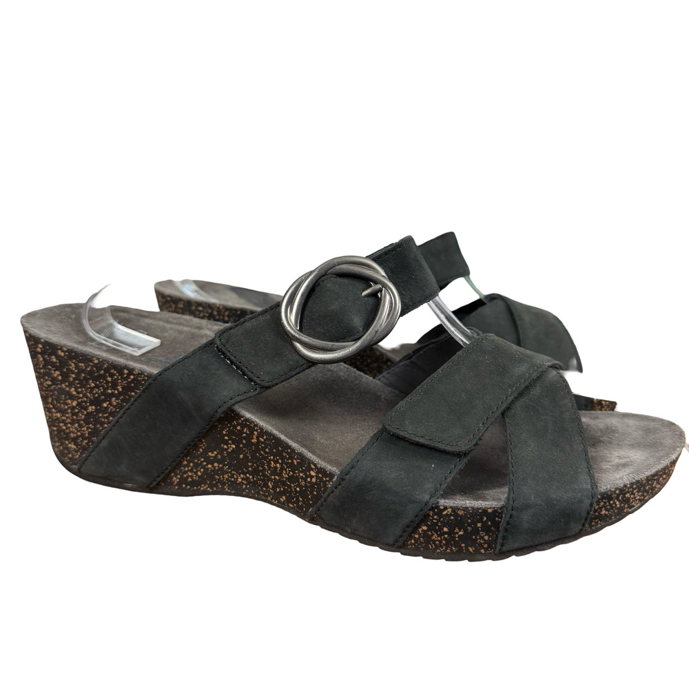 Dansko Susie Black Wedge Leather Strappy Slides Slip On Sandals Shoes 42 11.5 12